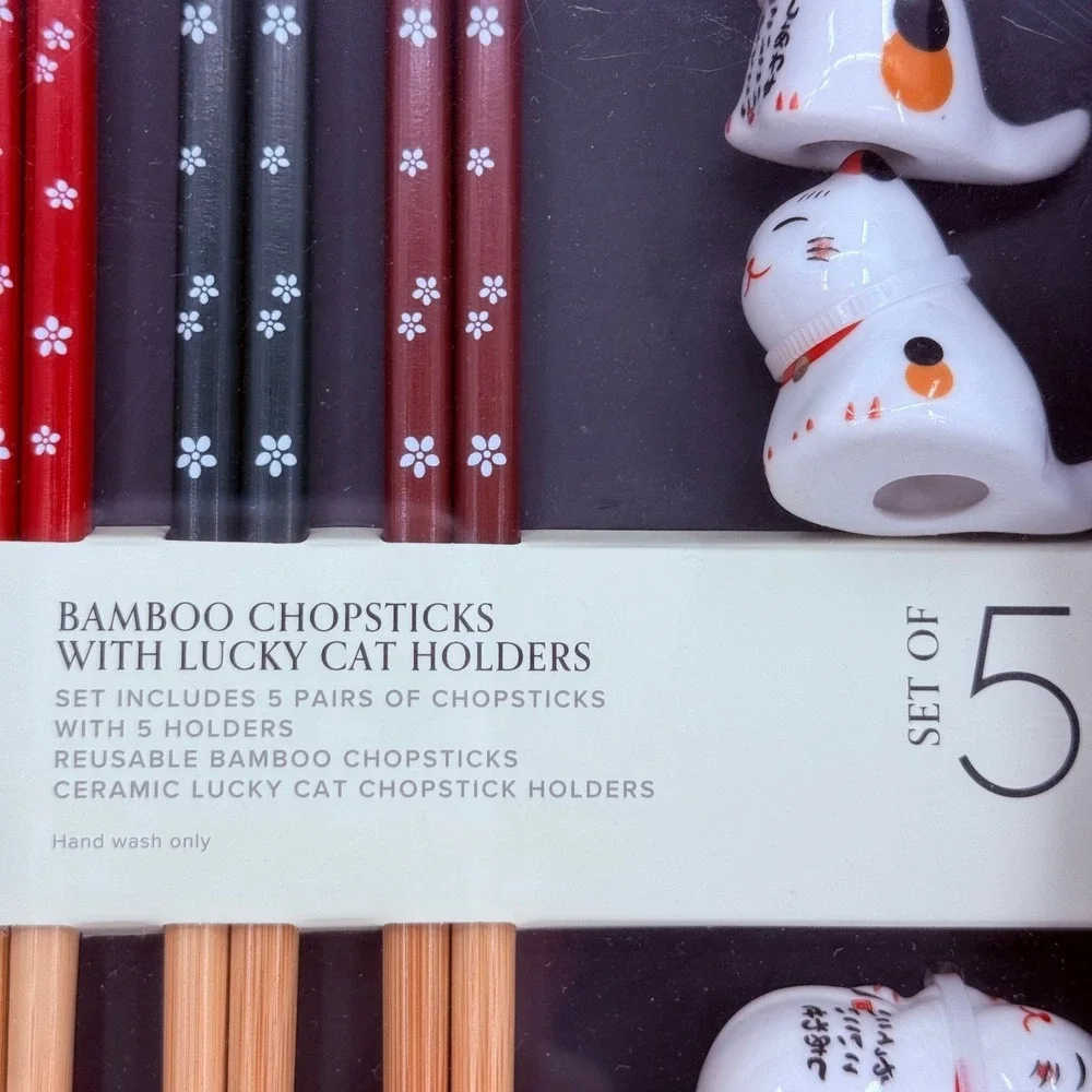 Soho Loft Bamboo Set 5 Pairs Chopsticks & 5 Ceramic Lucky Kittens Cat Holder NEW